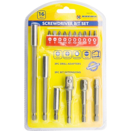 Marksman 16Pc Screwdriver Bit Set Pozi Phillips Square Flat Extensions Adapters CR-V