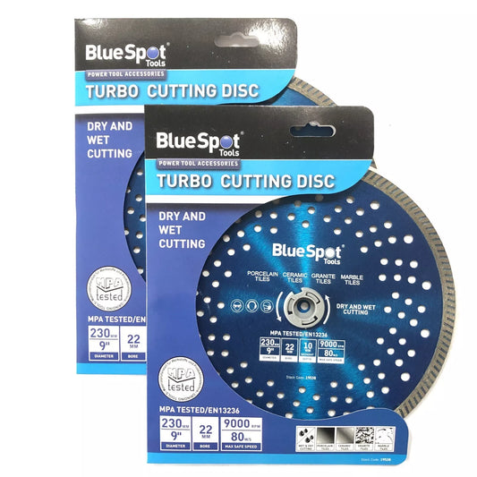 Blue Spot 2 x Turbo Diamond Cutting Discs 230mm 9" Grinder Blade Porcelain Stone Granite Marble