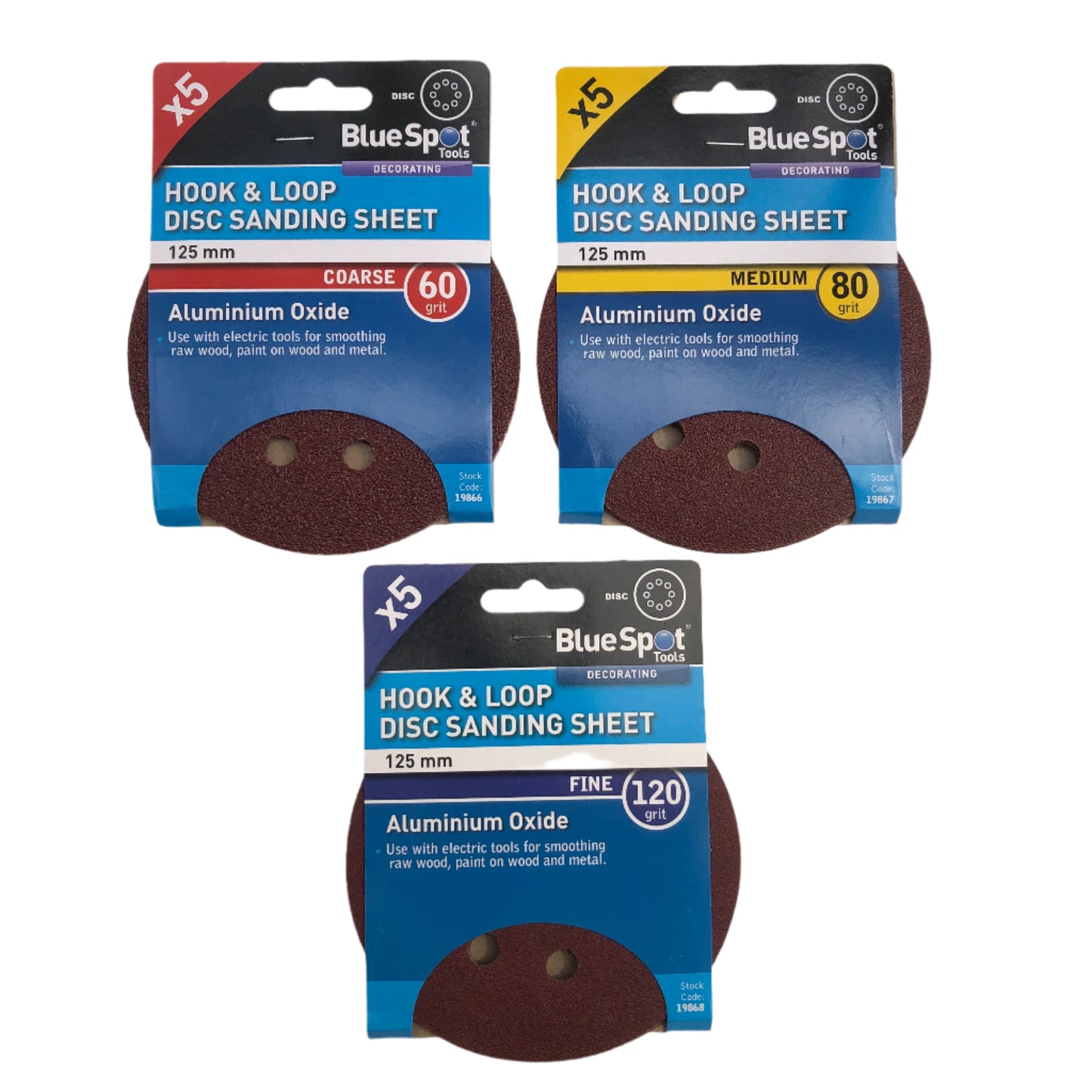 BLUE SPOT TOOLS 125MM 3 x 5 PACK of 60 80 120 GRIT DISC SANDING SHEETS