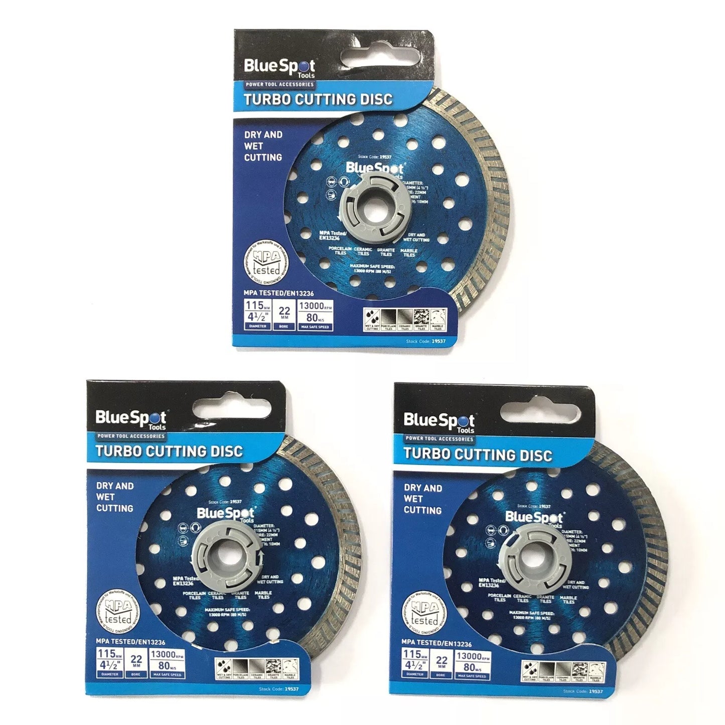 Blue Spot 3 Turbo Tile Diamond Dry & Wet Cutting Discs Stone Porcelain Marble 4.5" 115mm