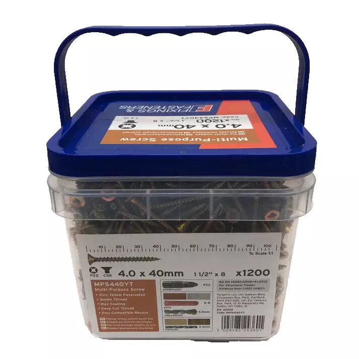 2 x Multi Purpose Wood Screws 4.0 x 40mm x 1200pcs Tub Pozi Head CSK ZYP 8 x 1½"