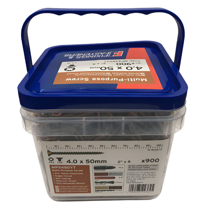 Fixings & Fasteners Multi Purpose Wood Screws 4.0 x 50mm x 900pcs in Tub Pozi Head CSK ZYP 8 x 2"