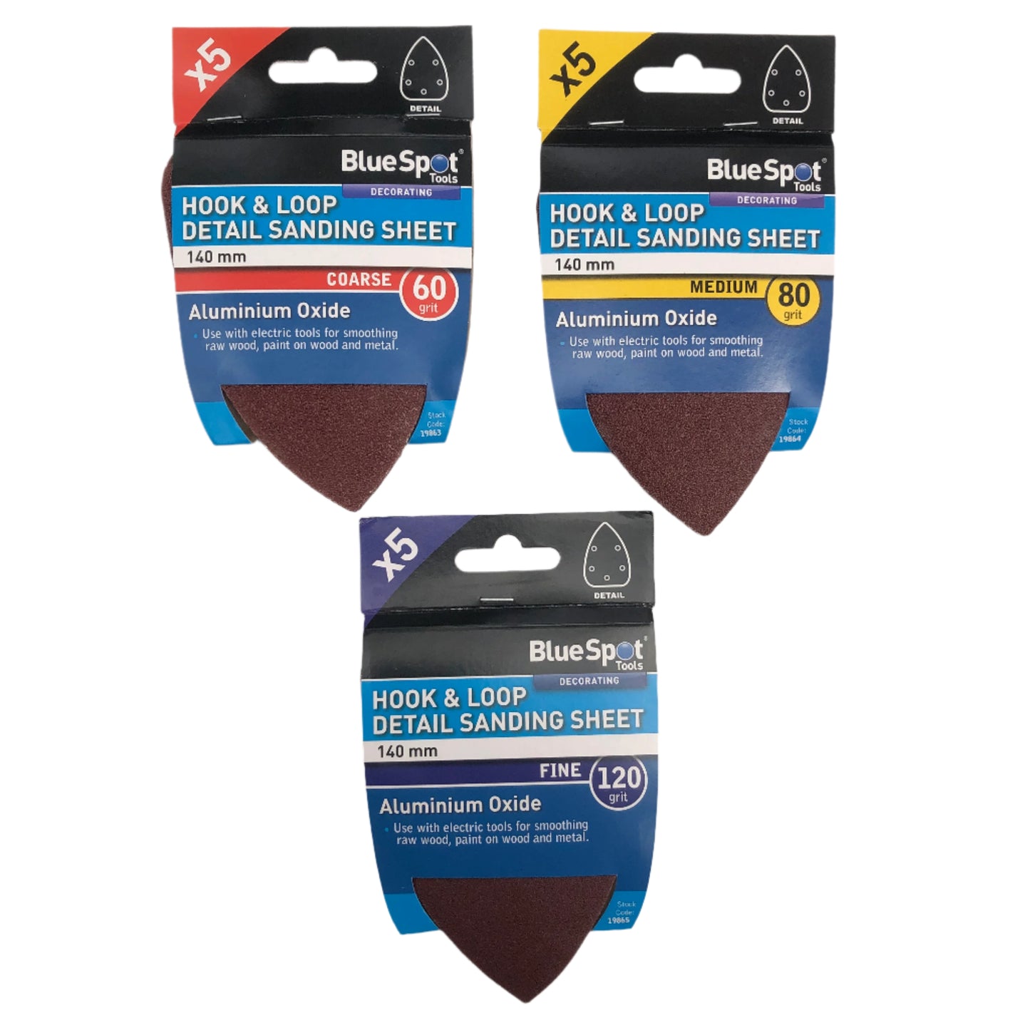 BLUE SPOT TOOLS 140MM 3 x 5 PACK of 60 80 120 GRIT DETAIL SANDING SHEETS