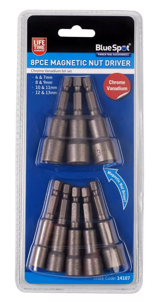 Blue Spot 8pc Magnetic Nut Driver Set 6 - 13mm 1/4" Hex Drive Drill To Nut & Bolt Drivers