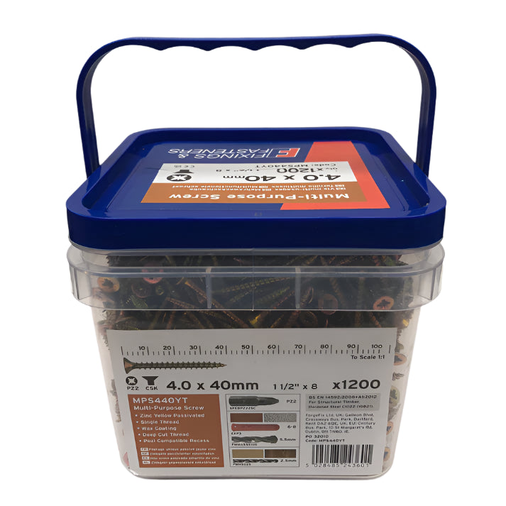 Fixings & Fasteners Multi Purpose Wood Screws 4.0 x 40mm x 1200pcs in Tub Pozi Head CSK ZYP 8 x 1½"