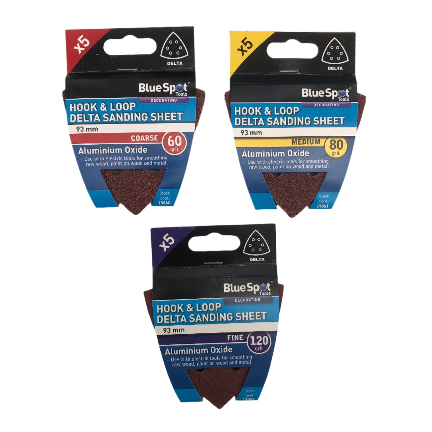 BLUE SPOT TOOLS 93MM 3 x 5 PACK of 60 80 120 GRIT DELTA SANDING SHEETS