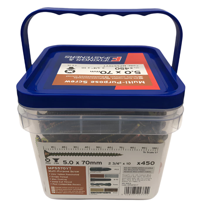 Fixings & Fasteners Multi Purpose Wood Screws 5.0 x 70mm x 450pcs in Tub Pozi Head CSK ZYP 10 x 2¾"
