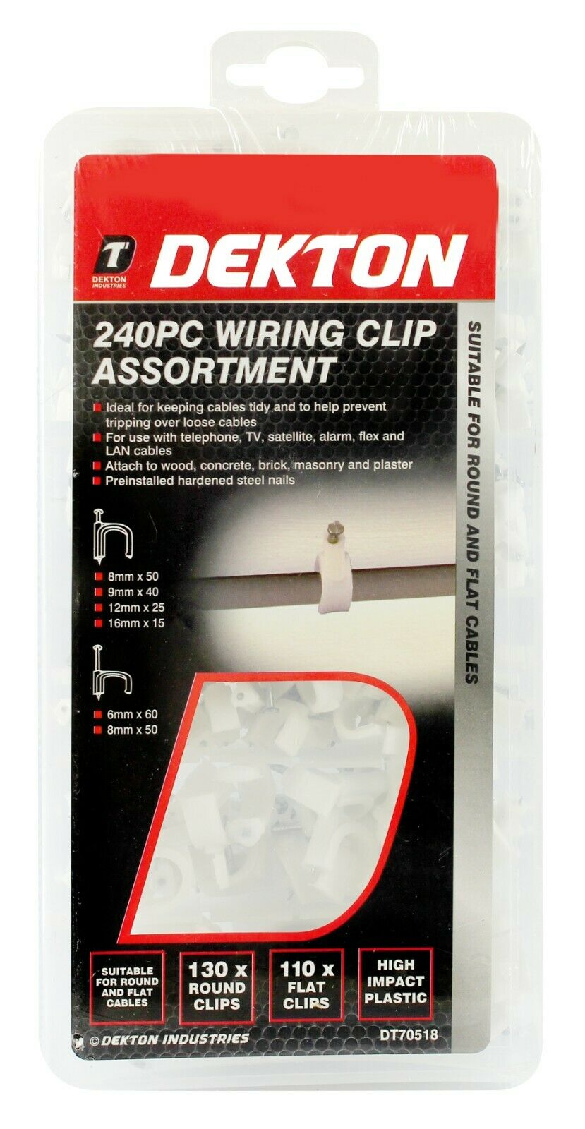Dekton Plastic Round Flat Electrical Wire Cable Clips TV Phone Internet Fixings