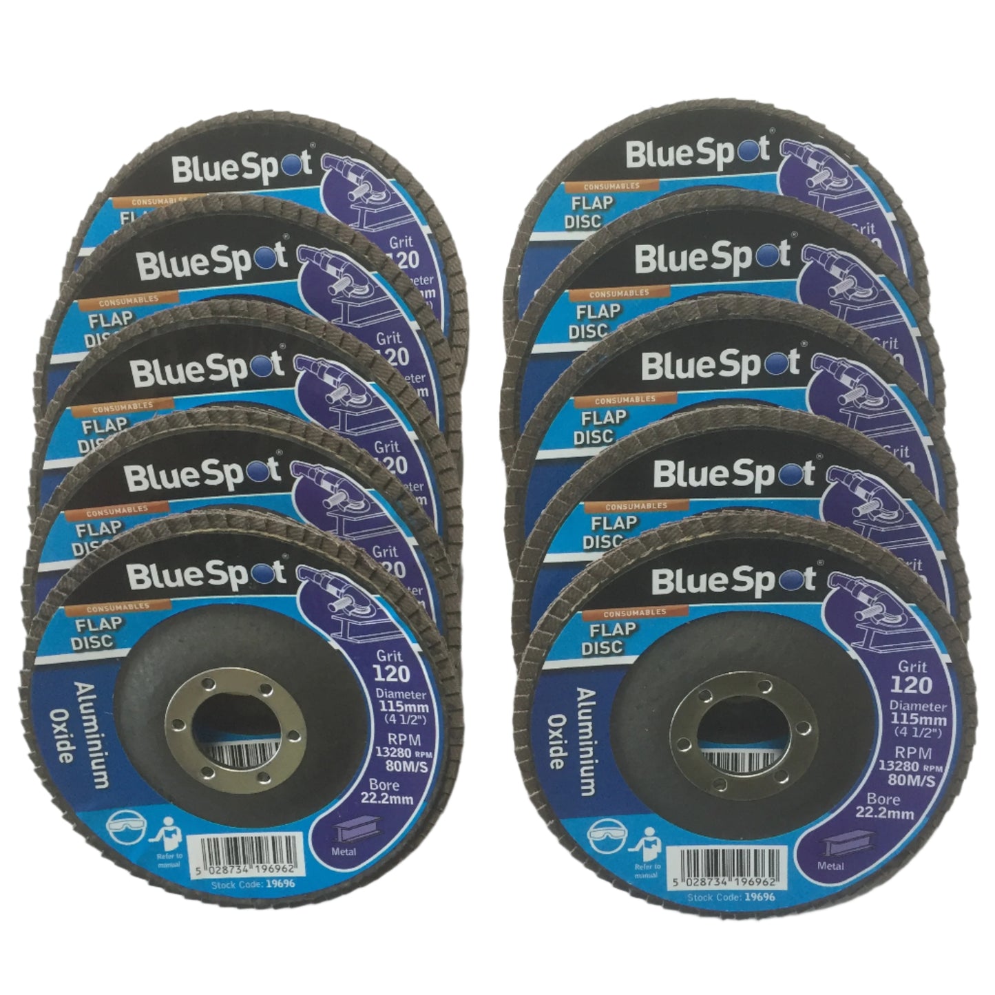 Blue Spot 10 Flap Discs 4.5"/ 115mm Aluminium Oxide 120 Grit Angle Grinder Grind Sanding