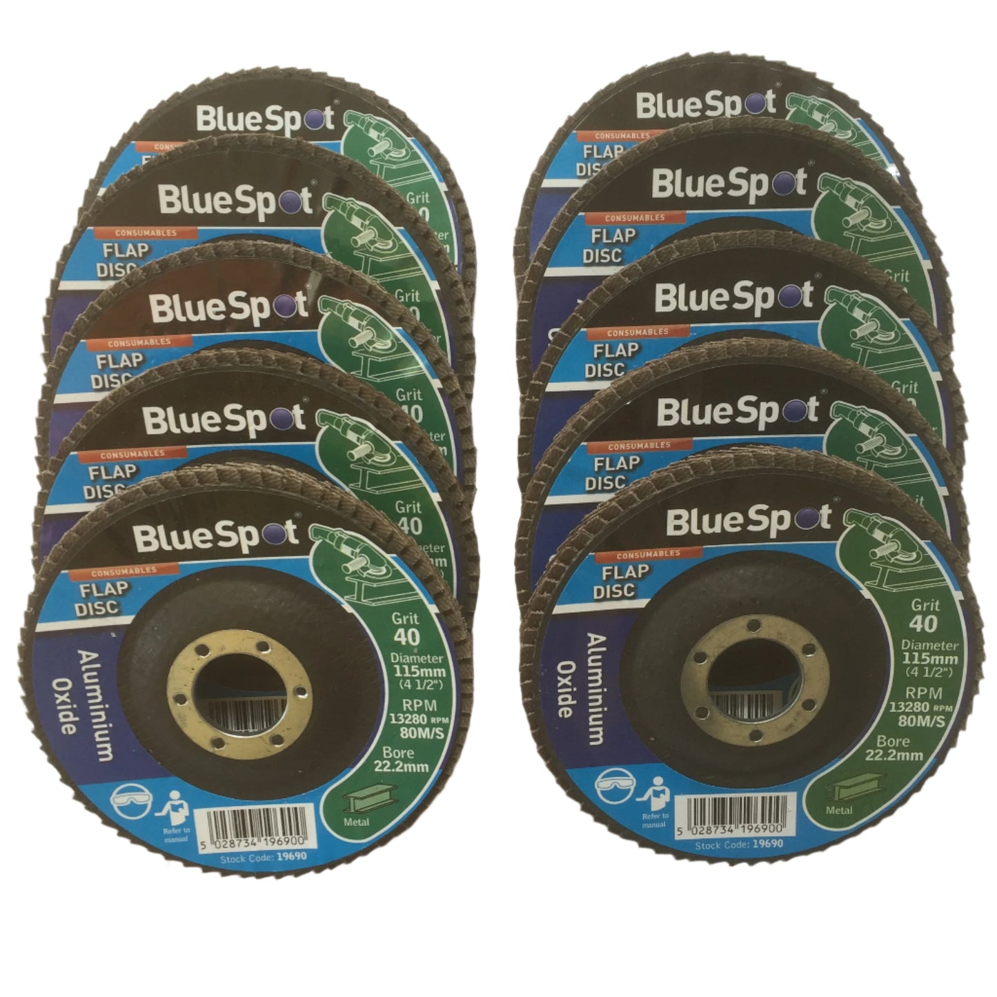 Blue Spot 10 Flap Discs 4.5"/ 115mm Aluminium Oxide 40 Grit Angle Grinder Grind Sanding