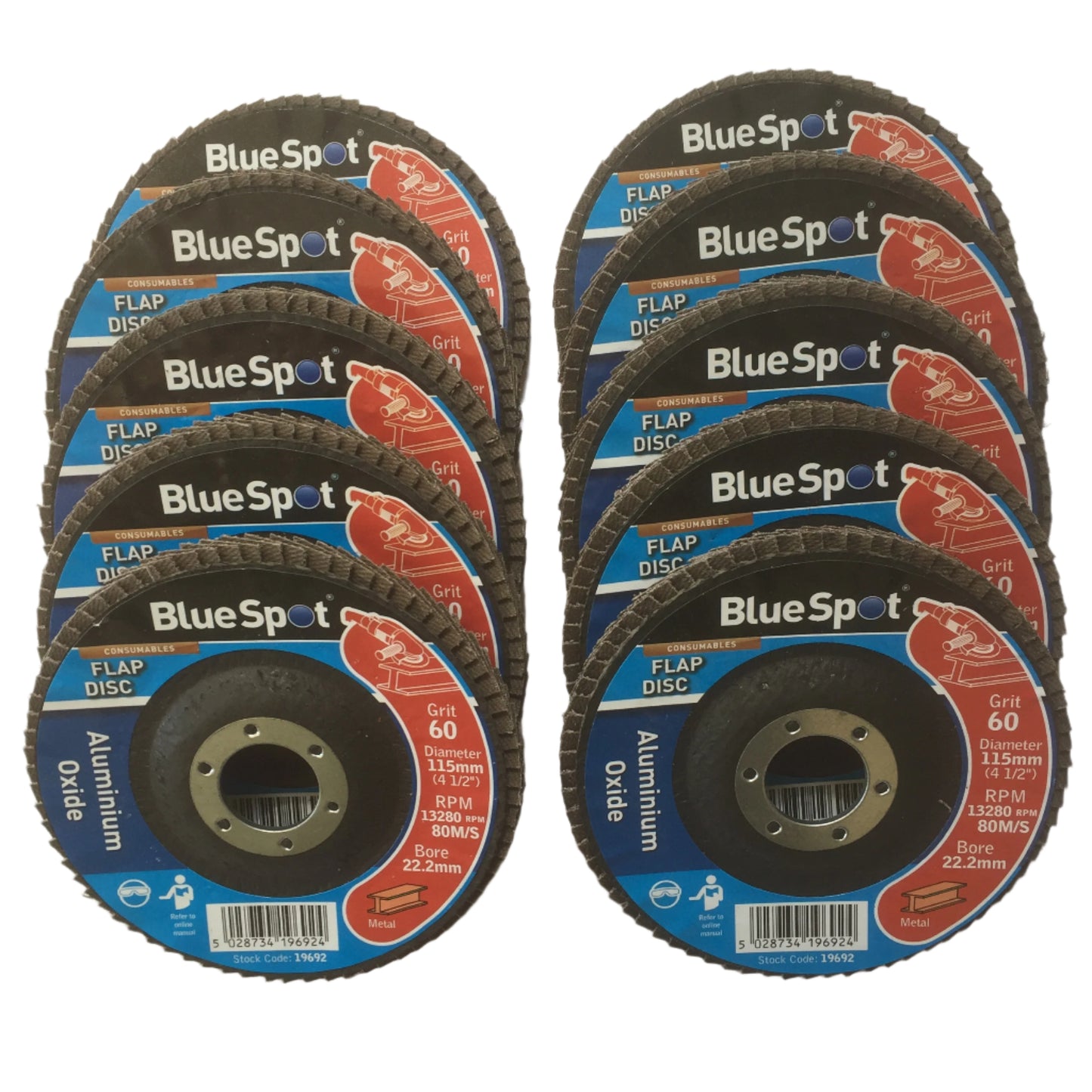 Blue Spot 10 Flap Discs 4.5"/ 115mm Aluminium Oxide 60 Grit Angle Grinder Grind Sanding