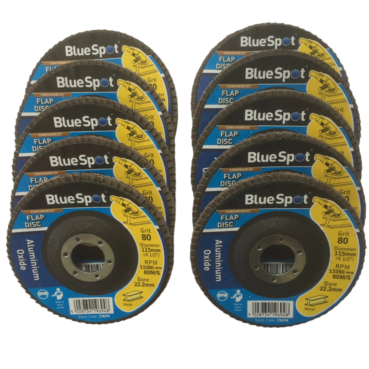 Blue Spot 10 Flap Discs 4.5"/ 115mm Aluminium Oxide 80 Grit Angle Grinder Grind Sanding