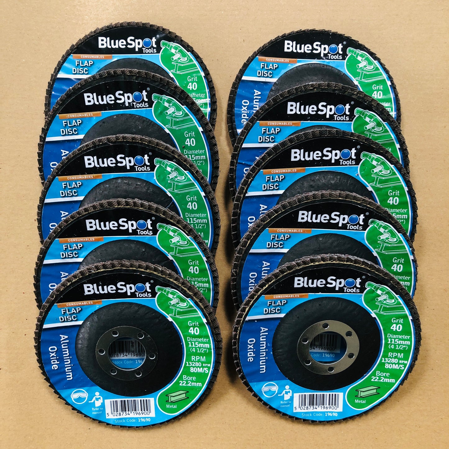 Blue Spot 10 Flap Discs 4.5"/ 115mm Aluminium Oxide 40 Grit Angle Grinder Grind Sanding