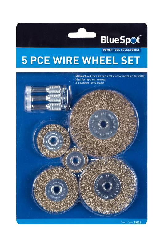 Blue Spot 5pc Wire Wheel Brass Brush Drill Metal Rapid Rust Paint Removal 1/4" Shanks