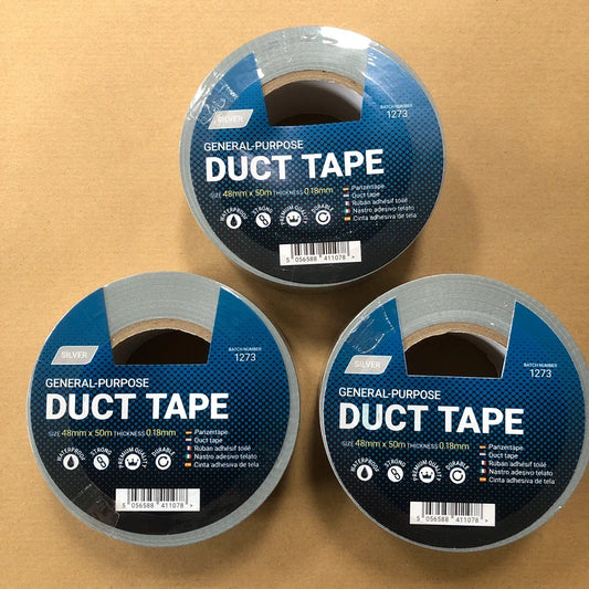 Silver 48MM X 50M Duck Duct Gaffa Gaffer Waterproof Strong Cloth Tape x 3 Rolls
