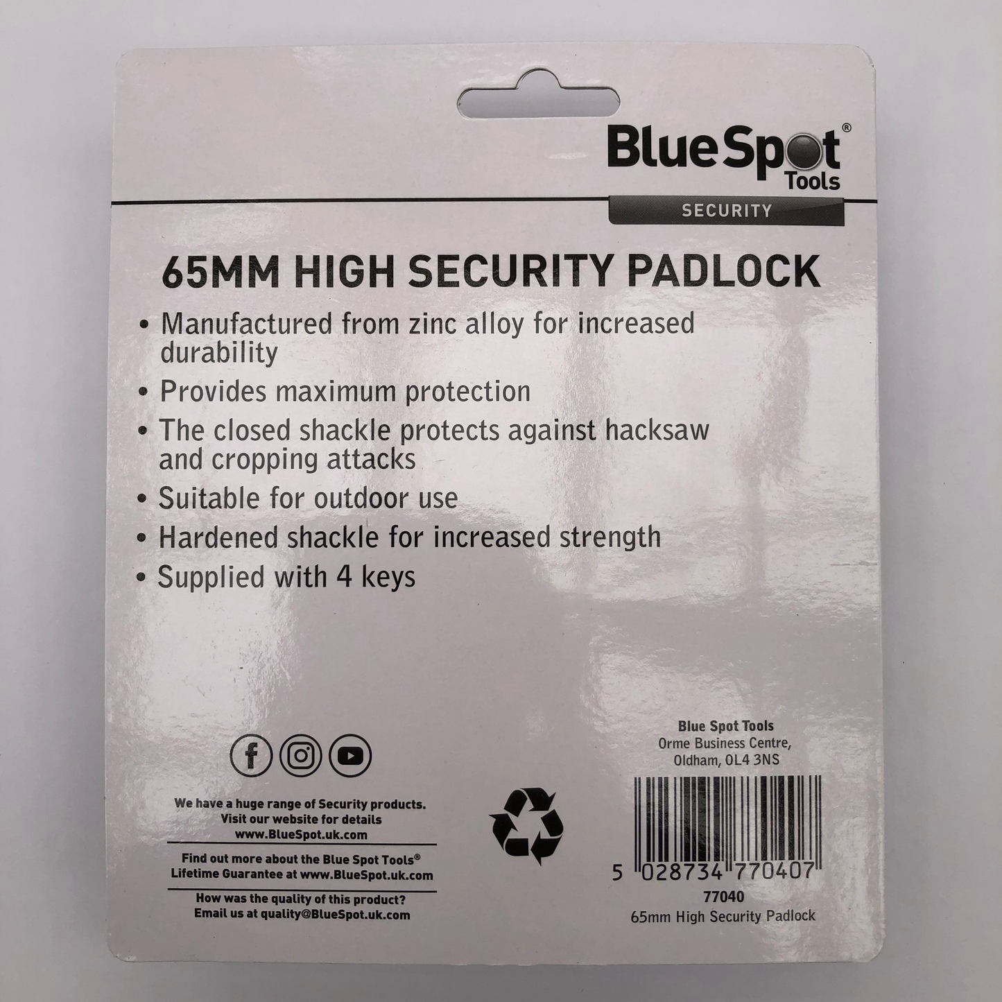 Blue Spot 65mm High Security Closed Shackle Zinc Alloy Padlock Steel Chain Door Lock 4 Key