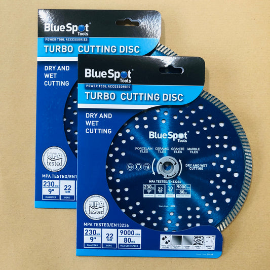 Blue Spot 2 x Turbo Diamond Cutting Discs 230mm 9" Grinder Blade Porcelain Stone Granite Marble