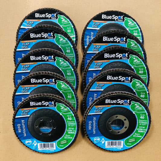 Blue Spot 10 Flap Discs 4.5"/ 115mm Aluminium Oxide 40 Grit Angle Grinder Grind Sanding