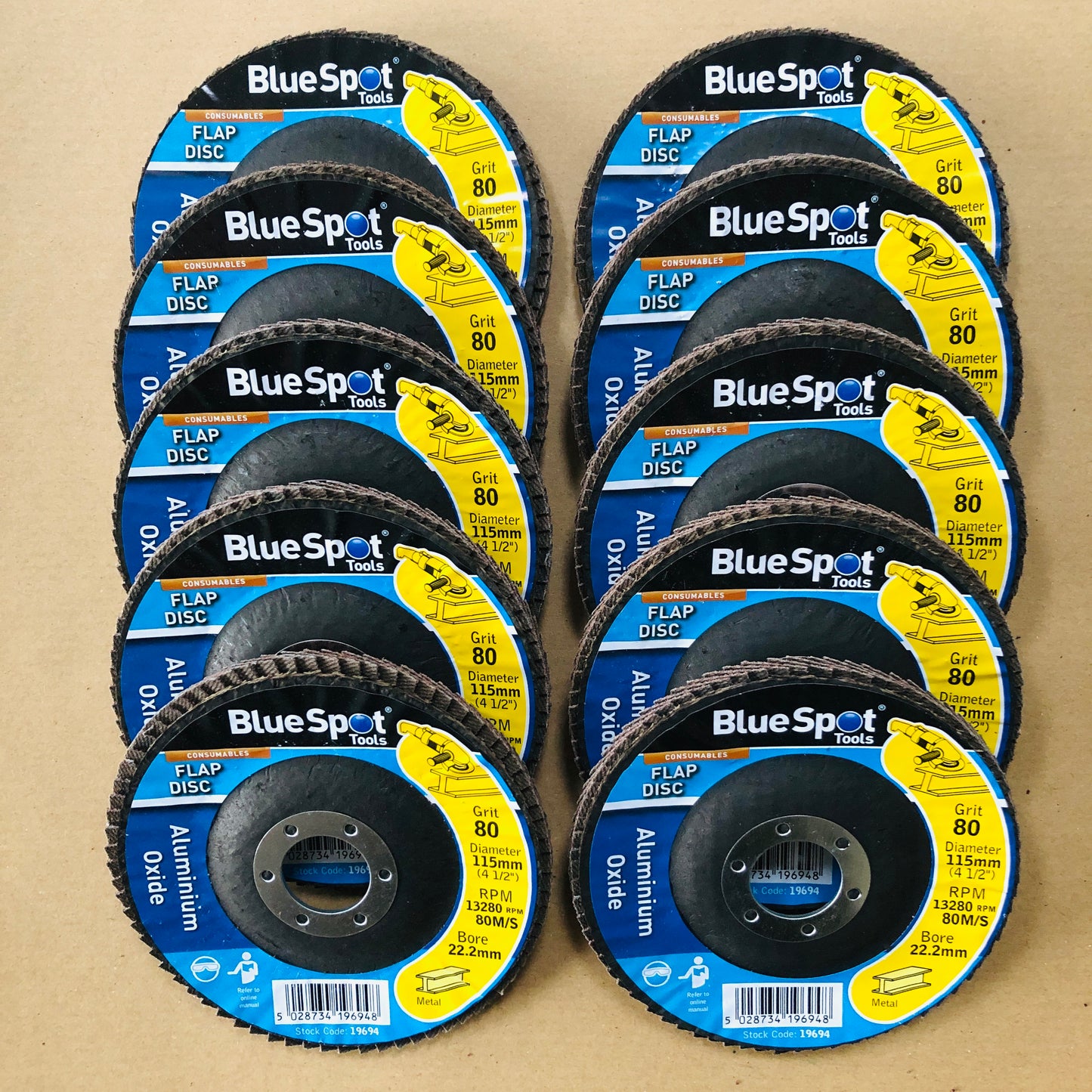 Blue Spot 10 Flap Discs 4.5"/ 115mm Aluminium Oxide 80 Grit Angle Grinder Grind Sanding